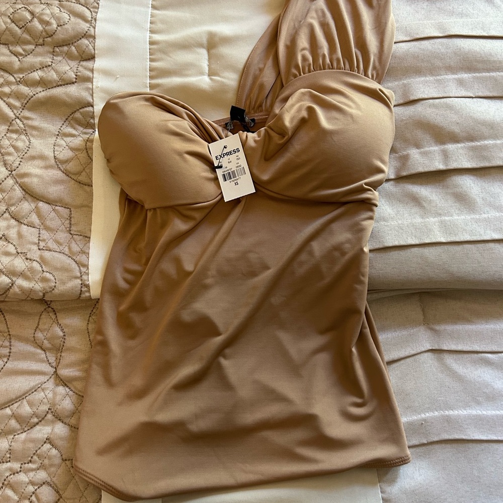 Express Camel One-Shoulder Top